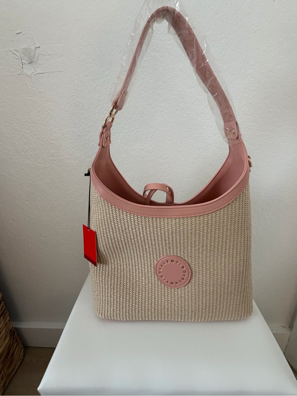 Mario Valentino Straw Shoulder Bag Cream Pink Crossbody Convertible NWT